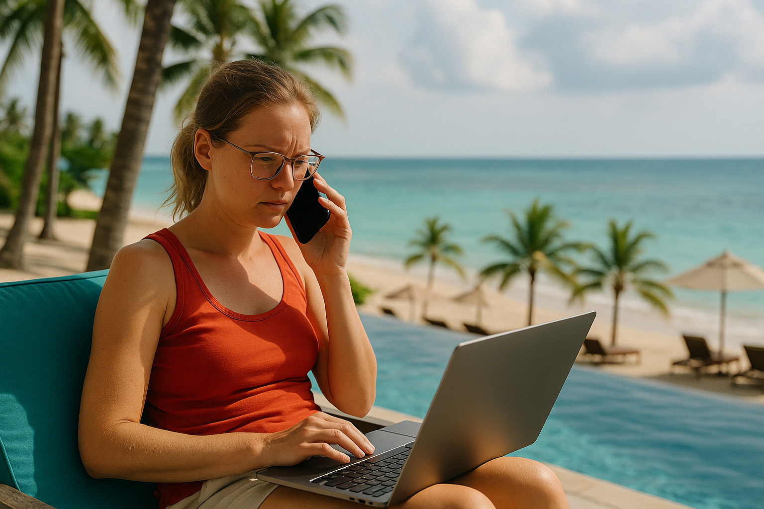 Iemand die werkt in de zon op een strand
