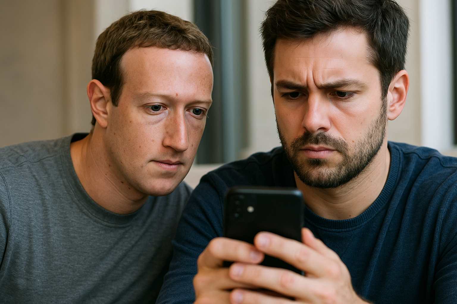 Mark Zuckerberg die nieuwsgierig over de schouder van een andere man meekijkt terwijl die op zijn smartphone kijkt, beiden in een moderne binnenruimte.