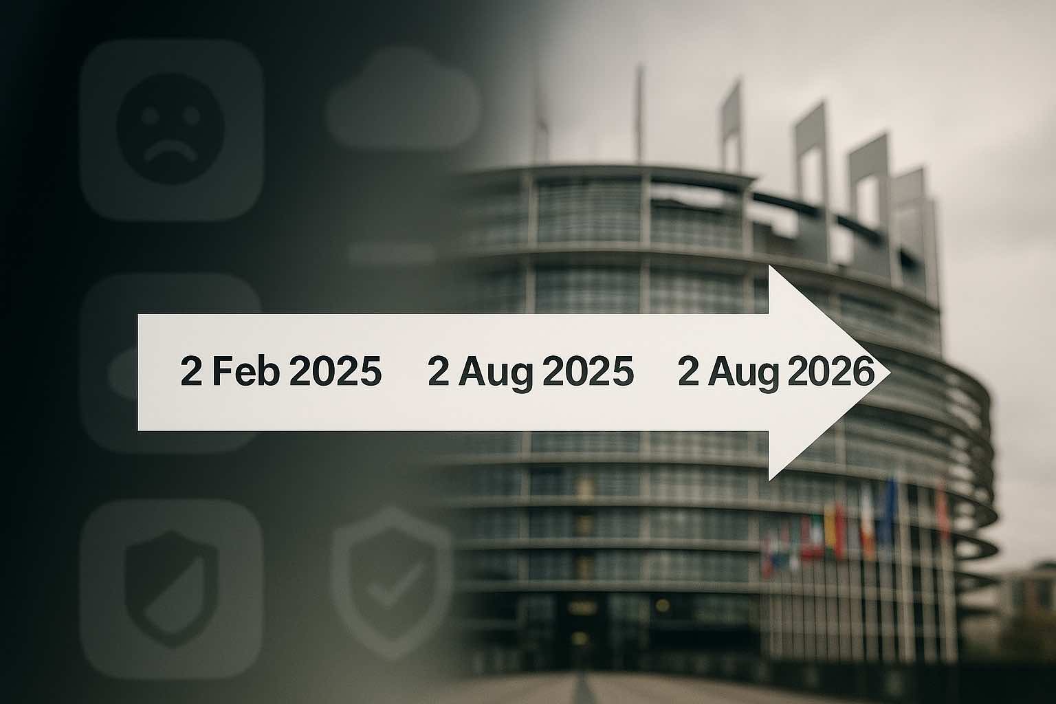 Horizontale pijl met de drie AI-Act-deadlines, op de achtergrond smartphone-pictogrammen en het gebouw van het Europees Parlement.