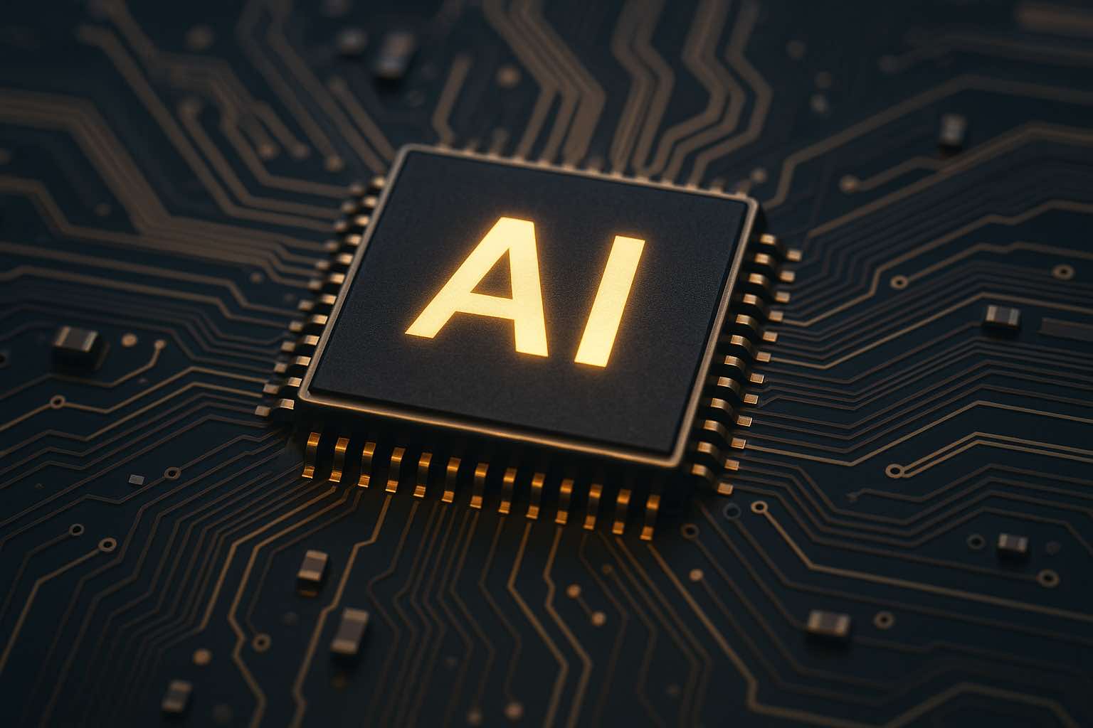 Macrofoto van een oplichtende AI-chip op een printplaat, symbool voor on-device kunstmatige intelligentie in moderne smartphones.
