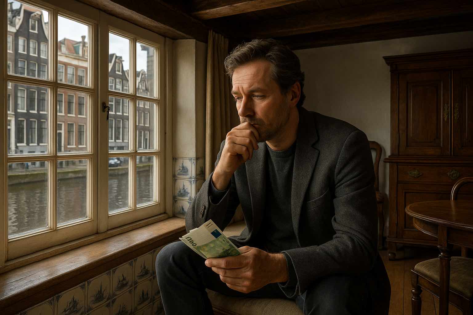 Een man kijkt naar geld terwijl hij in een Amsterdamse woning zit. Hij kijkt niet blij.