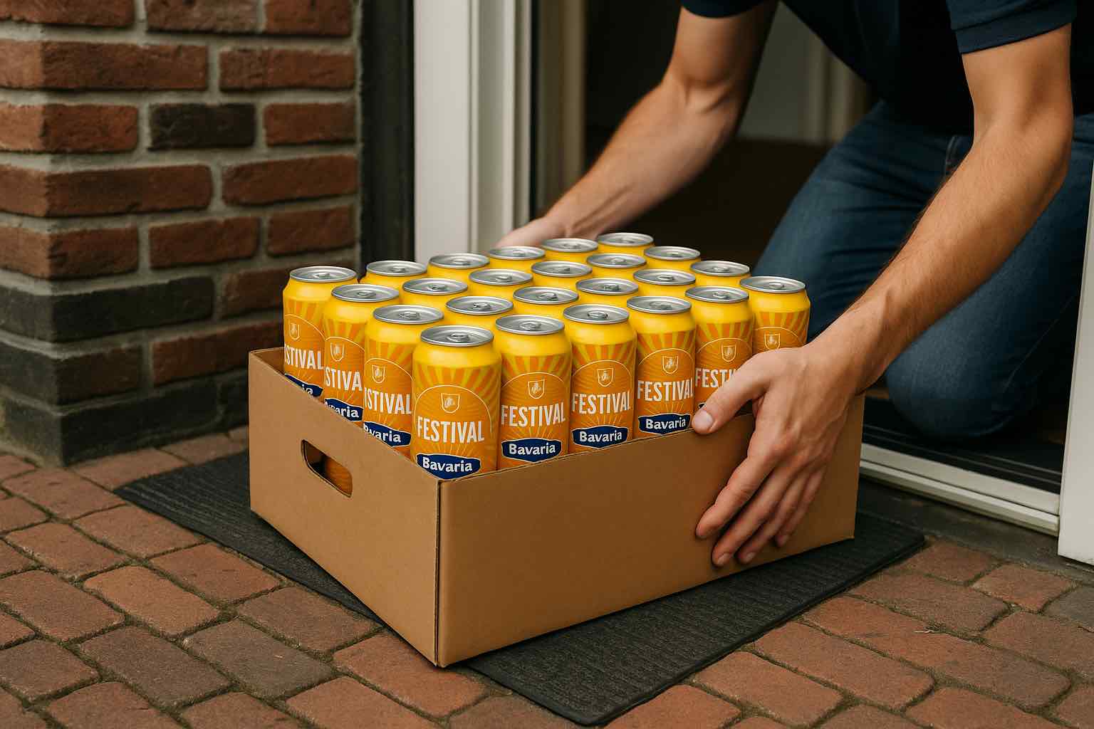 Een bezorger plaatst een kartonnen krat met Bavaria Festival-bierblikken op een deurmat voor een huisdeur, met warme natuurlijke belichting en scherpe details.