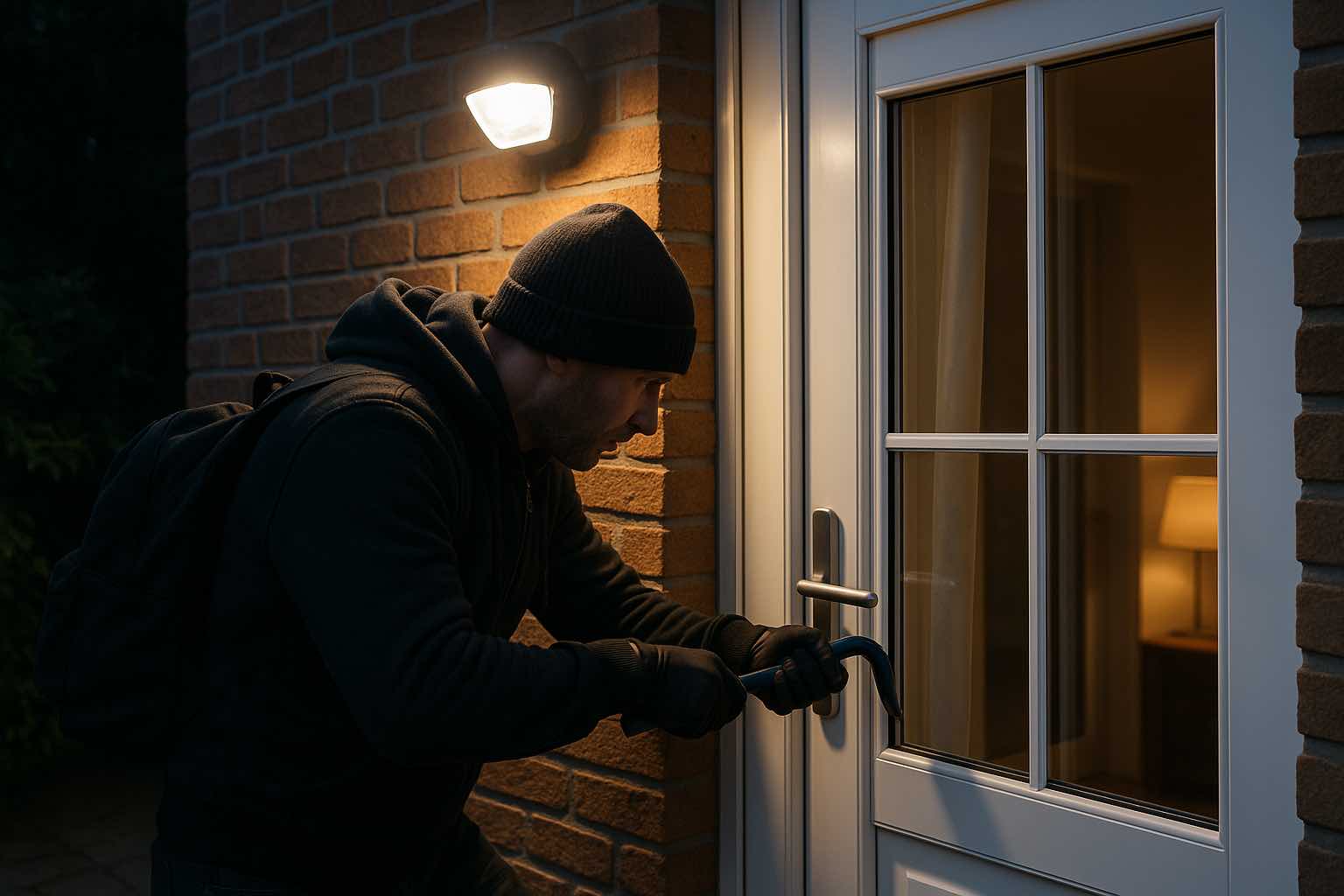 A burglar stealthily enters a house at night, silhouetted against the darkened surroundings.