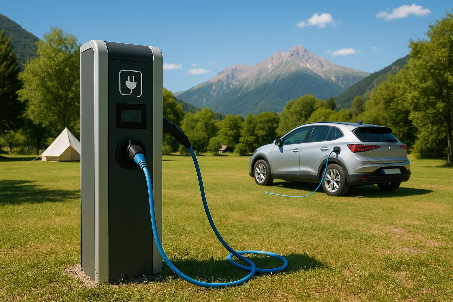 Elektro‑laadpaal bij een grasveld op een rustige camping in de bergen van Frankrijk, met een elektrische auto die op de achtergrond wordt opgeladen onder een zonnige, blauwe hemel.