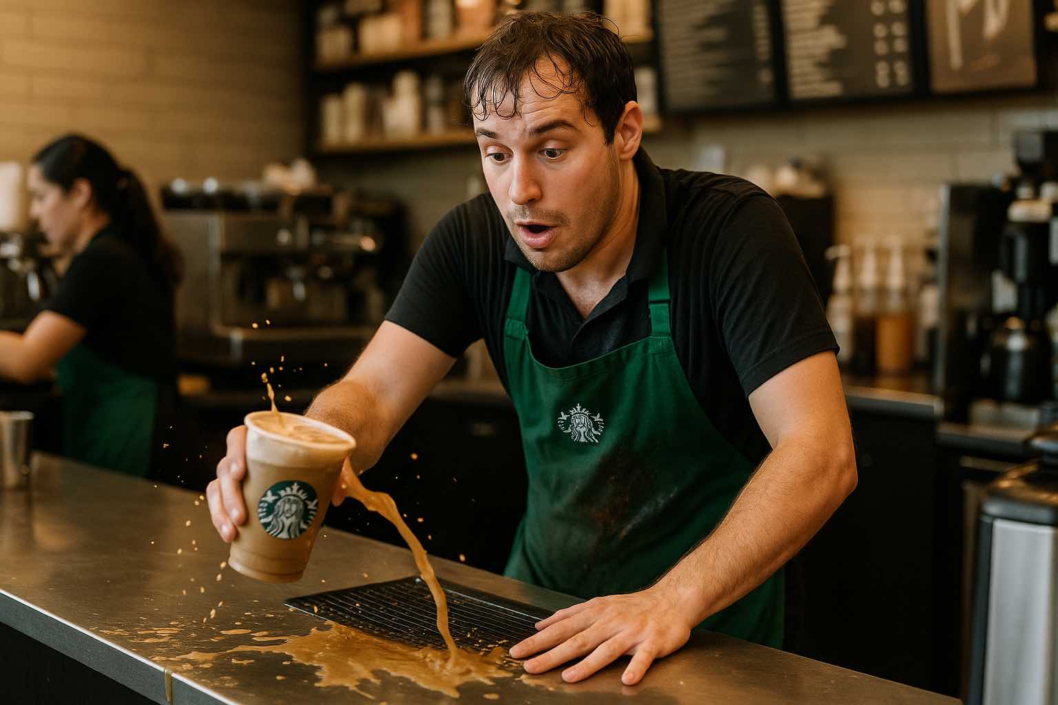 A barista at Starbucks skillfully pours coffee from a carafe into a cup on the counter.