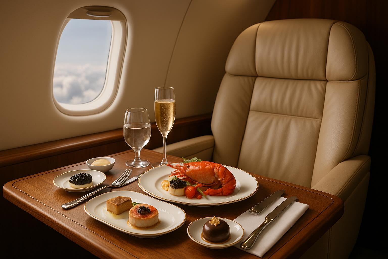 Een luxueuze eersteklas vliegtuigcabine met een comfortabele beige leren stoel en een houten uitschuiftafel, waarop een gastronomische maaltijd is geserveerd. Op fijn porselein liggen kreeft, kaviaar, foie gras en een dessert met bladgoud. Er staan kristallen glazen gevuld met water en champagne. Op de achtergrond een raam met uitzicht op wolken en zachte sfeerverlichting.