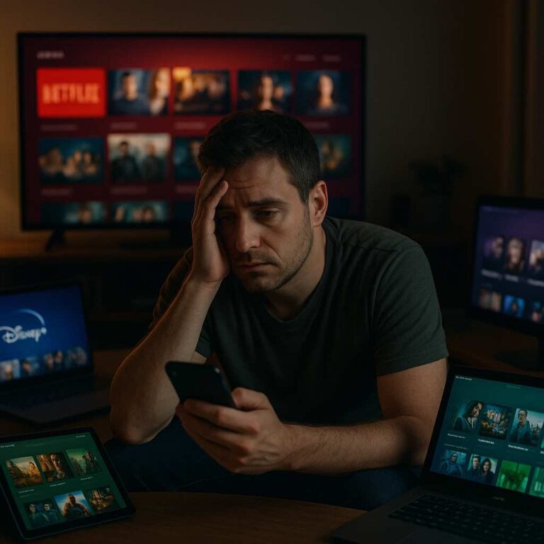 Hyperrealistische liggende foto van een vermoeide man in een schemerige woonkamer, omringd door vijf schermen met verschillende gekleurde streaming-interfaces (rood, blauw, groen, paars en teal) die zijn gezicht en omgeving verlichten terwijl hij uitgeput naar het centrale scherm staart.