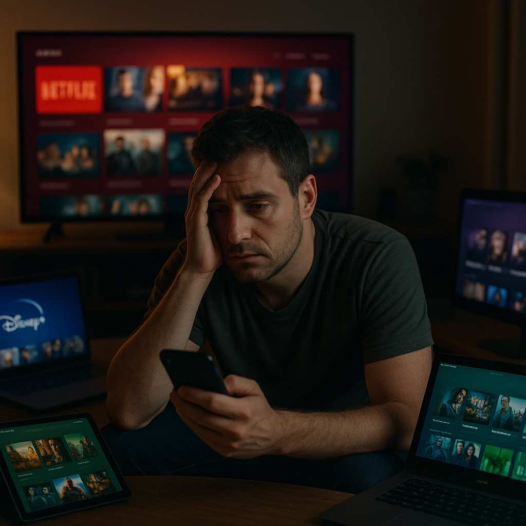 Hyperrealistische liggende foto van een vermoeide man in een schemerige woonkamer, omringd door vijf schermen met verschillende gekleurde streaming-interfaces (rood, blauw, groen, paars en teal) die zijn gezicht en omgeving verlichten terwijl hij uitgeput naar het centrale scherm staart.