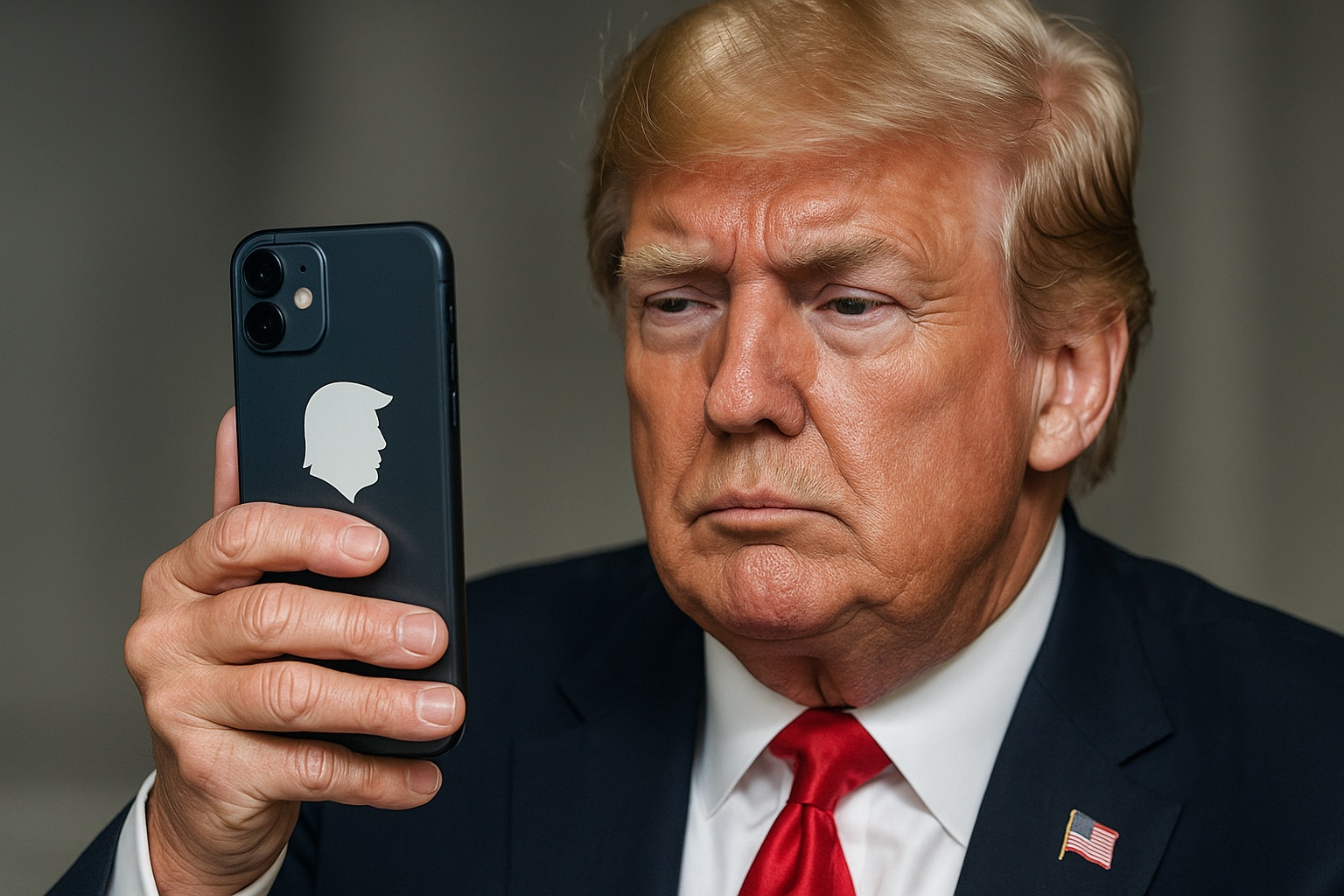 Donald Trump houdt een moderne, donkerblauwe smartphone vast met een wit silhouet van zijn eigen profiel als logo op de achterkant, terwijl hij geconcentreerd naar het scherm kijkt.