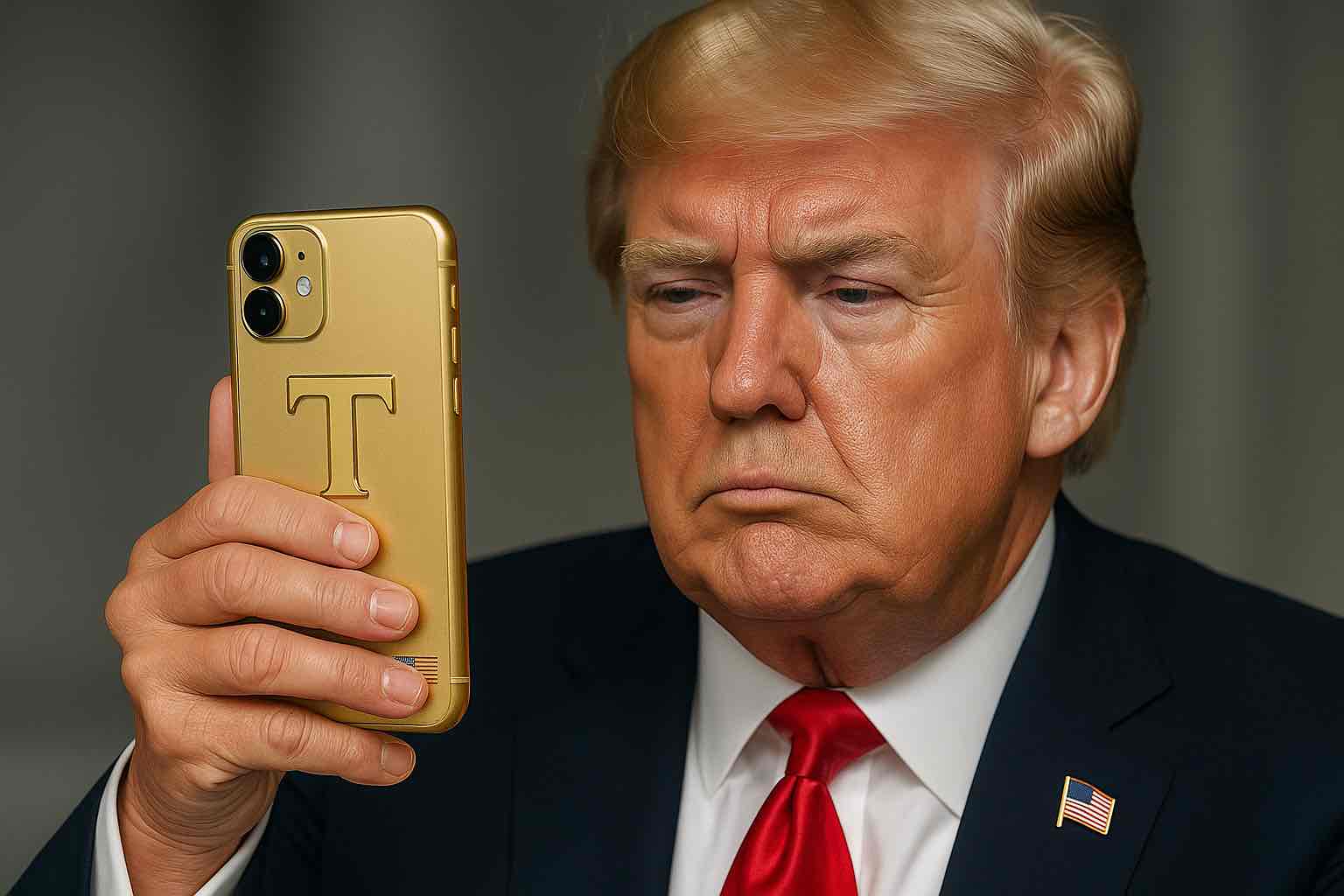 Donald Trump houdt een goudkleurige smartphone vast met een grote, glanzende letter T en een Amerikaanse vlag op de achterkant, terwijl hij geconcentreerd naar het scherm kijkt in een formele setting.