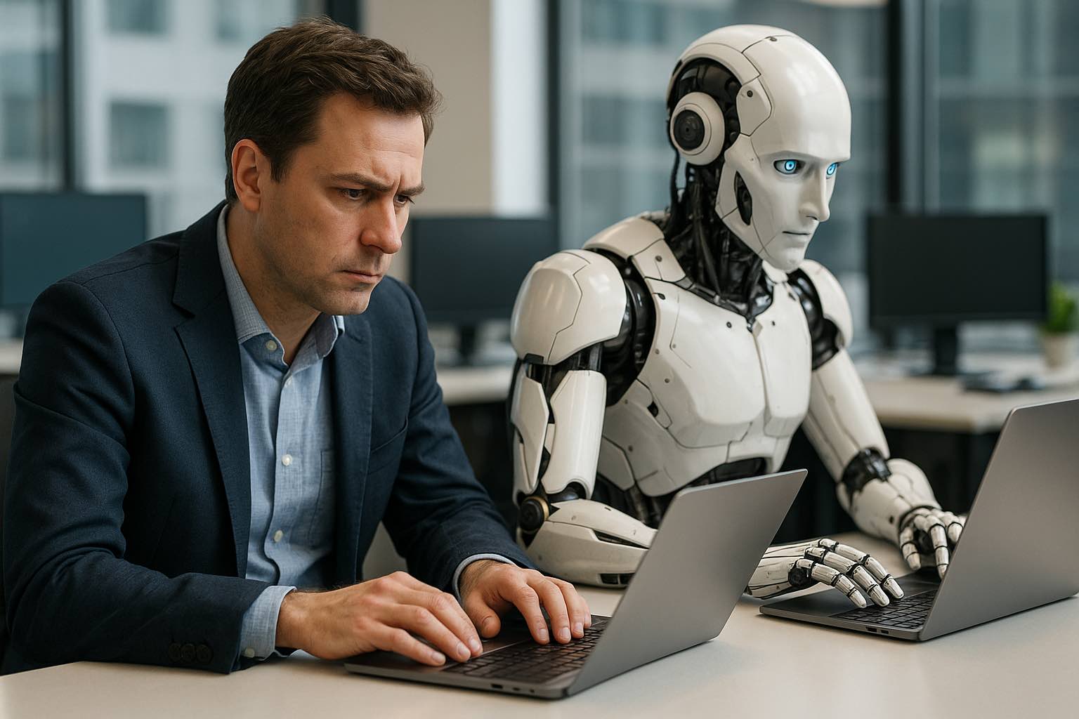 In een modern kantoor zitten een man in pak en een humanoïde robot zij aan zij aan een bureau, beiden geconcentreerd werkend op hun laptop, met op de achtergrond grote ramen die uitzicht geven op een stedelijk landschap.