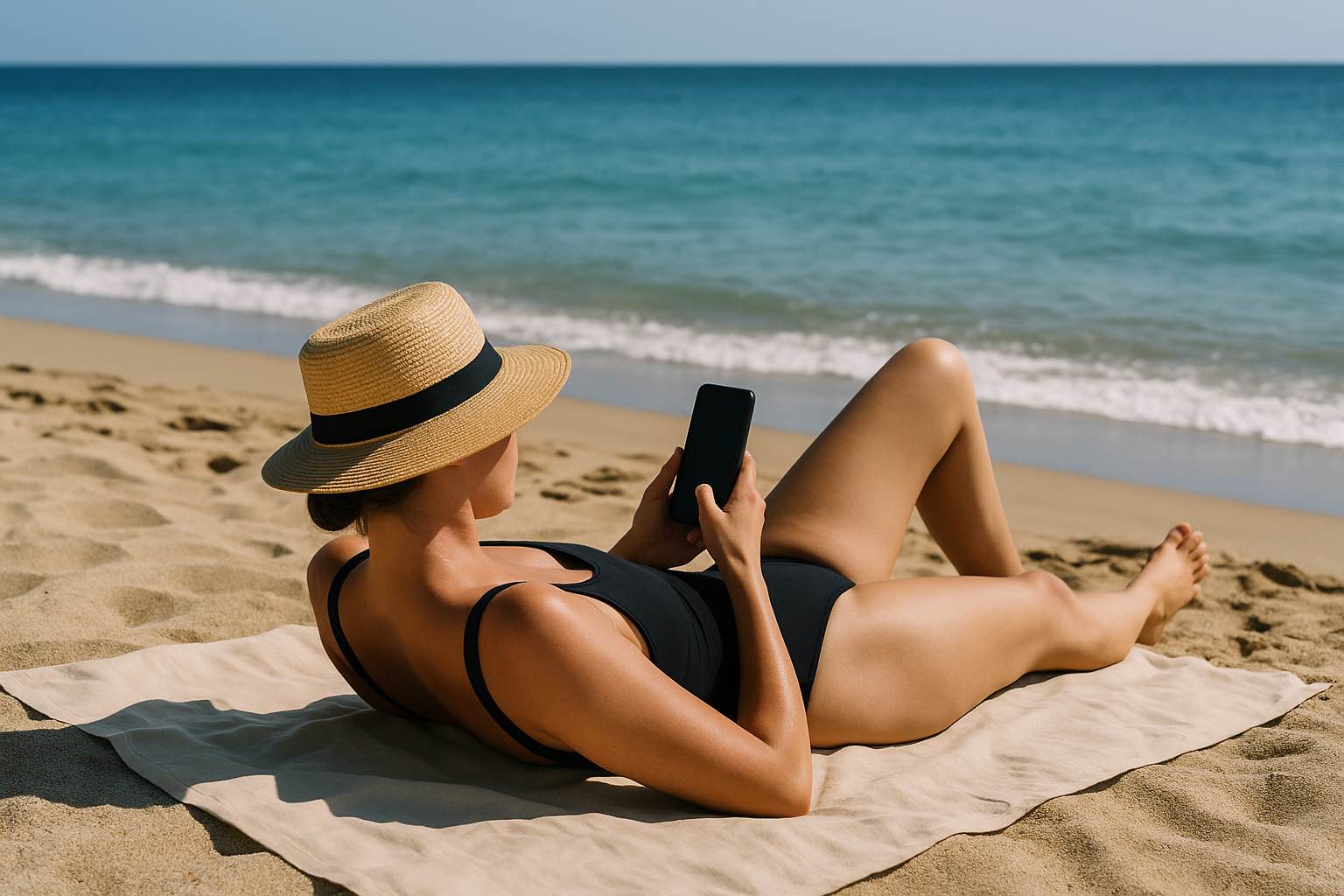 Een vrouw ligt ontspannen op een strandlaken in het zand met uitzicht op een rustige zee. Ze draagt een zwarte badpak en een strohoed, en houdt een smartphone vast terwijl ze op haar rug ligt, met de zon die haar huid verlicht.