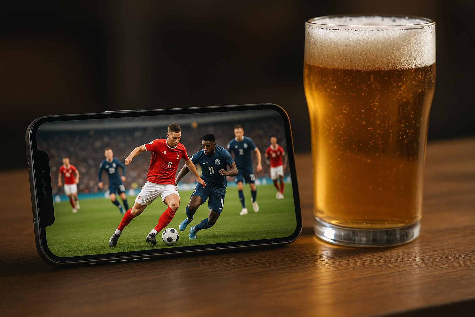 Een iPhone met daarop een voetbalwedstrijd