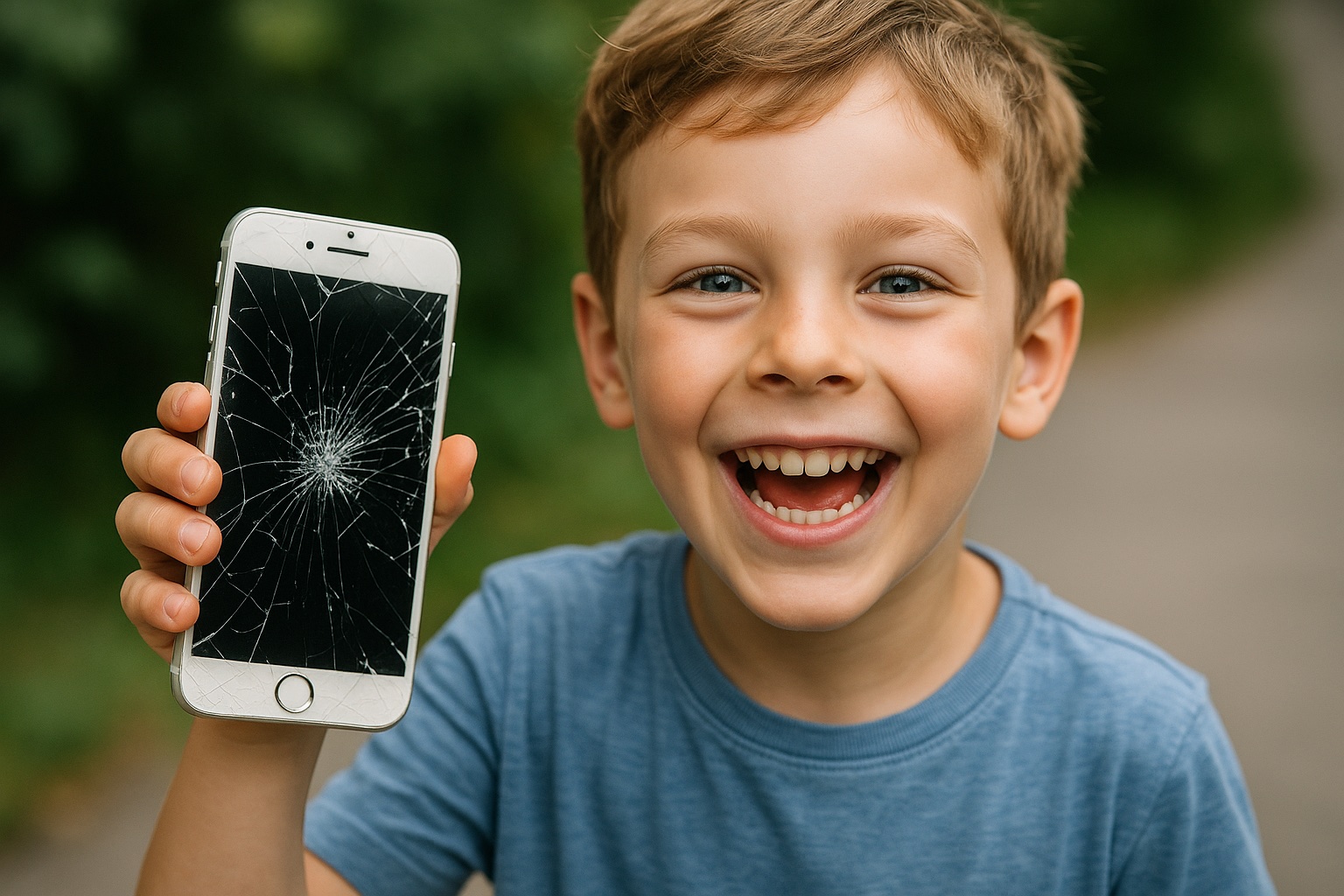 Een vrolijk jongetje met lichtbruin haar houdt lachend een iPhone omhoog met een kapot scherm, terwijl hij buiten in een groene omgeving staat.