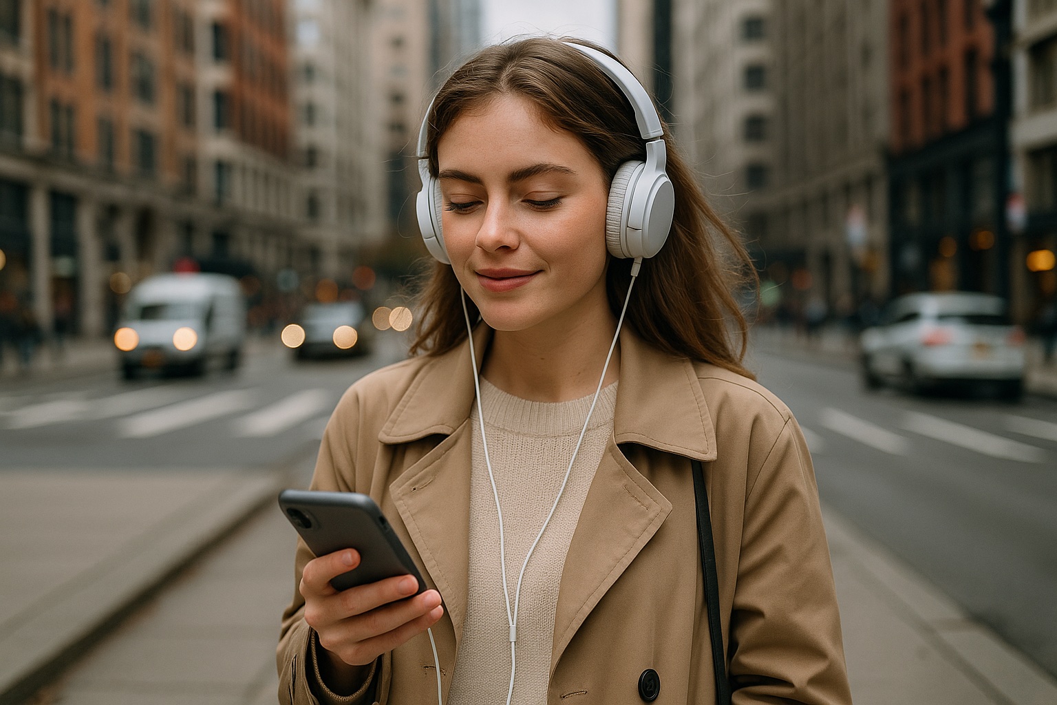 Een jong Nederlands meisje wandelt door een grote stad terwijl ze naar een podcast luistert met witte koptelefoon op, en haar smartphone in de hand. Ze draagt een beige trenchcoat en een crèmekleurige trui, met op de achtergrond druk stadsverkeer en hoge gebouwen.