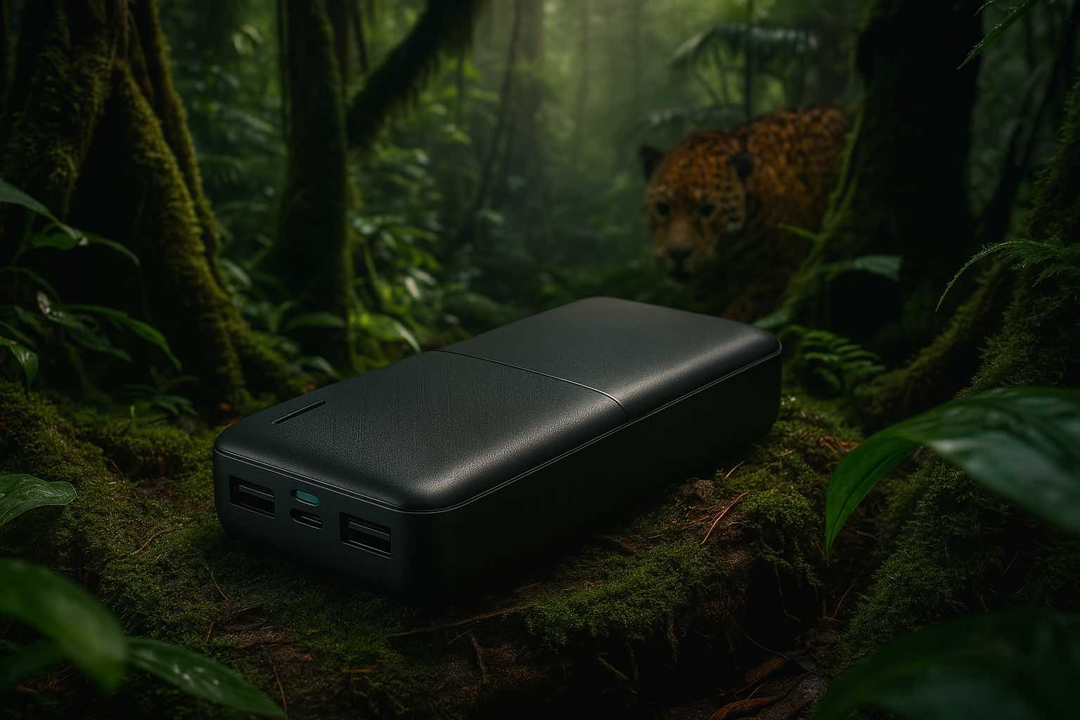 Een zwarte powerbank ligt op een met mos bedekte bosgrond in een dicht oerwoud, omringd door groene bladeren en bomen. In de achtergrond, half verborgen tussen het struikgewas, loert een jaguar vanuit de schaduw naar het apparaat.