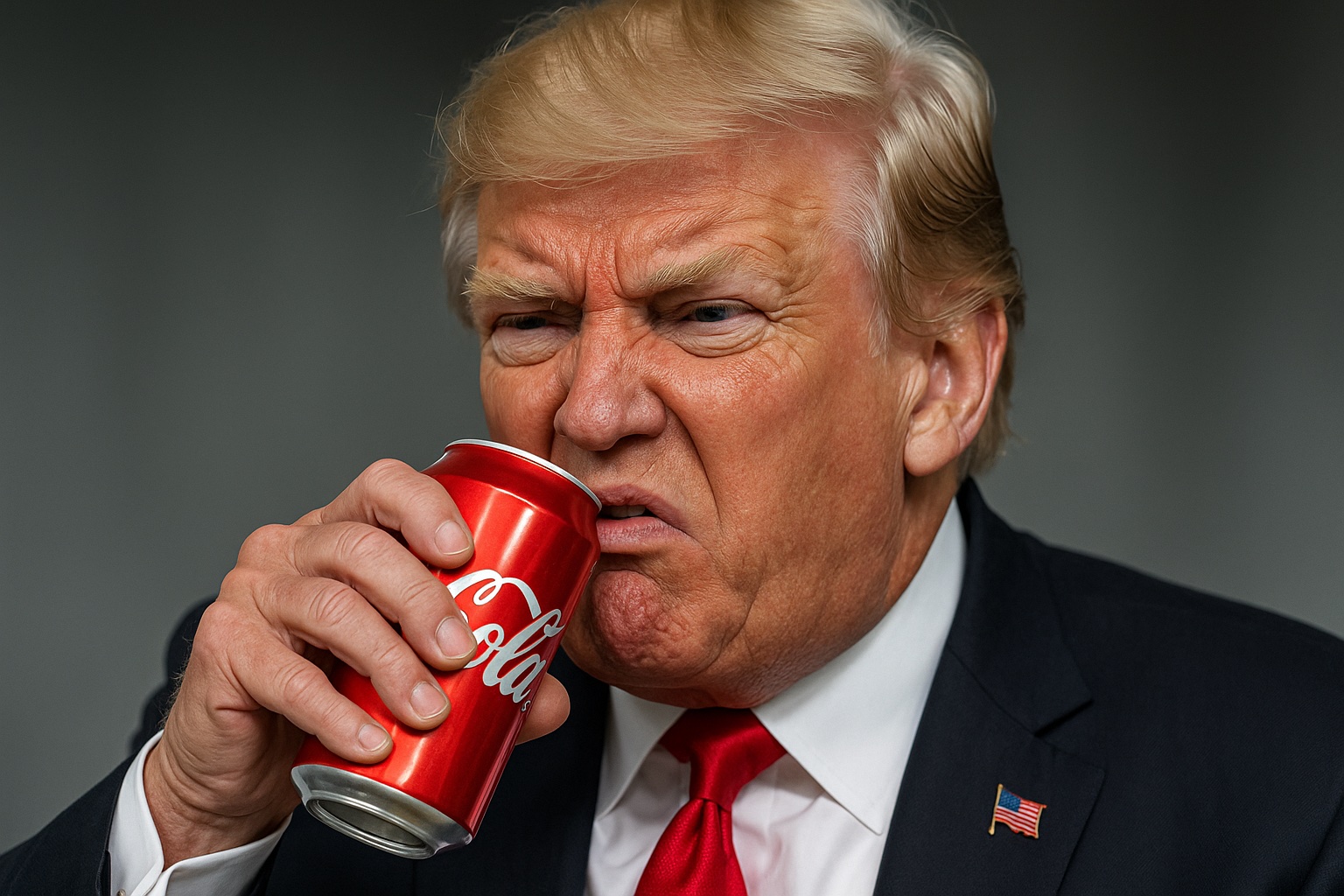 Donald Trump drinkt uit een blikje Coca-Cola terwijl hij met een vieze, afkeurende gezichtsuitdrukking kijkt. Vraag ChatGPT