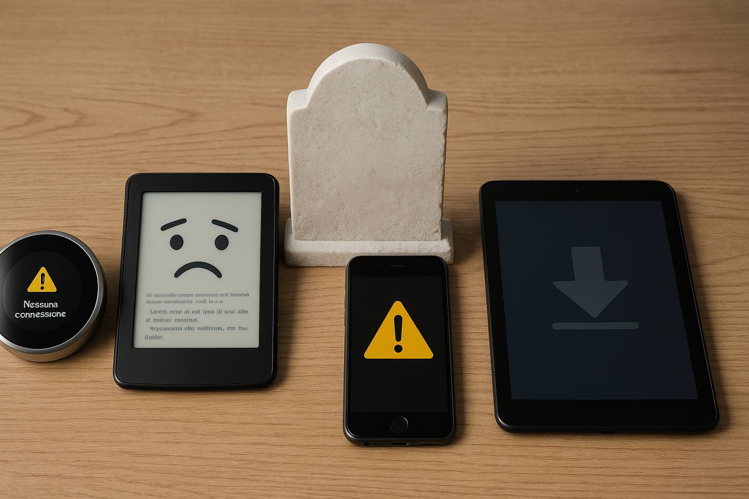 Vier oude elektronische apparaten — een slimme thermostaat, een e-reader, een smartphone en een tablet — liggen op een houten oppervlak rond een witte grafsteen. Op elk apparaat staat een waarschuwingssymbool of foutmelding, wat het einde van softwareondersteuning symboliseert. Vragen aan ChatGPT