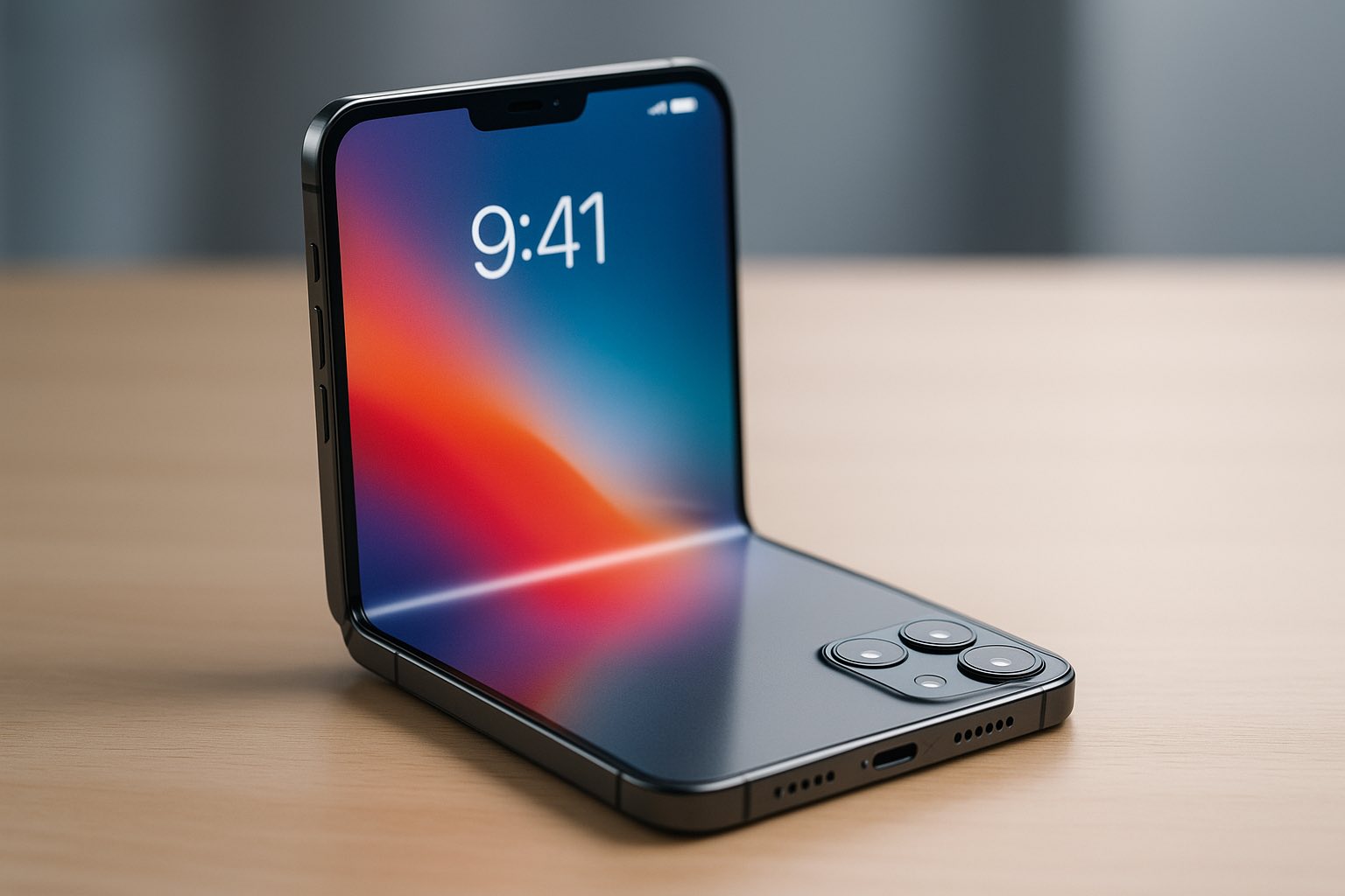 Een hyperrealistische vouwbare iPhone in een opengeklapte L-vorm op een licht houten tafel, met een helder OLED-scherm dat de tijd 9:41 toont en een driedubbele cameramodule zichtbaar aan de achterkant.