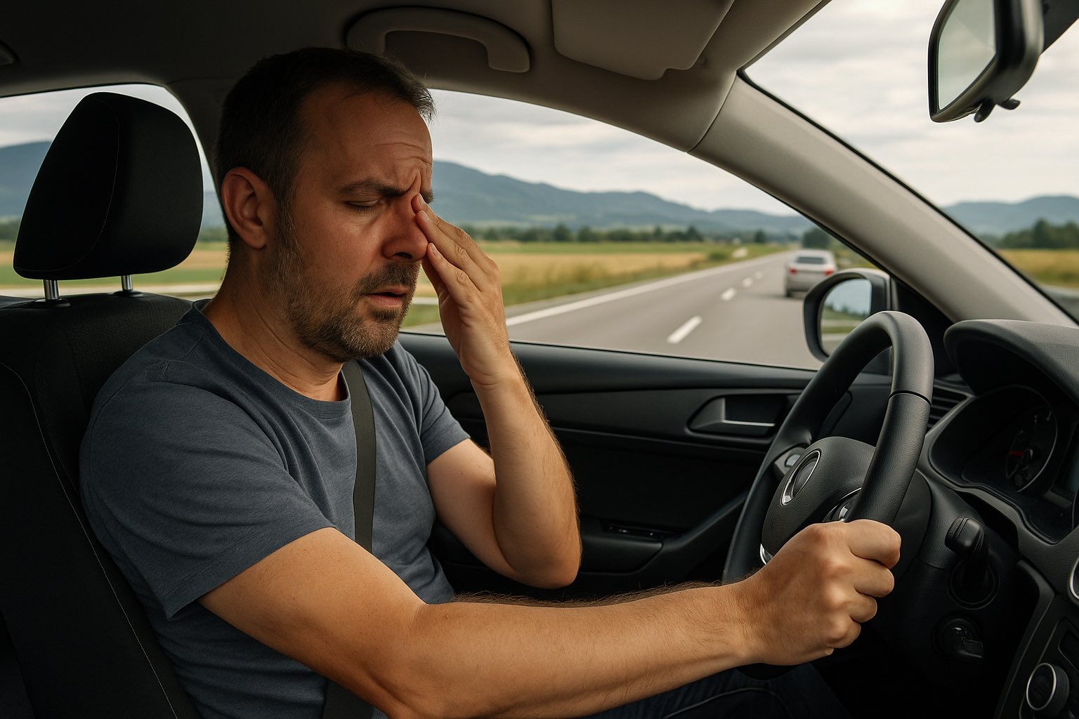 Vermoeide man achter het stuur op snelweg, wrijft met hand over zijn gezicht terwijl hij geconcentreerd blijft rijden door een landelijk gebied met heuvels en velden onder een deels bewolkte lucht.