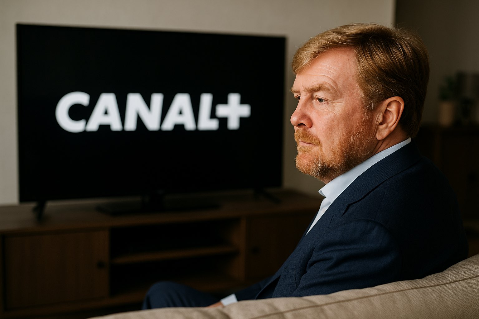 Een man van middelbare leeftijd met lichtroodblond haar en baard, gekleed in een donkerblauw colbert en wit overhemd, zit op een beige bank en kijkt aandachtig naar een televisie waarop het logo van Canal+ duidelijk zichtbaar is.