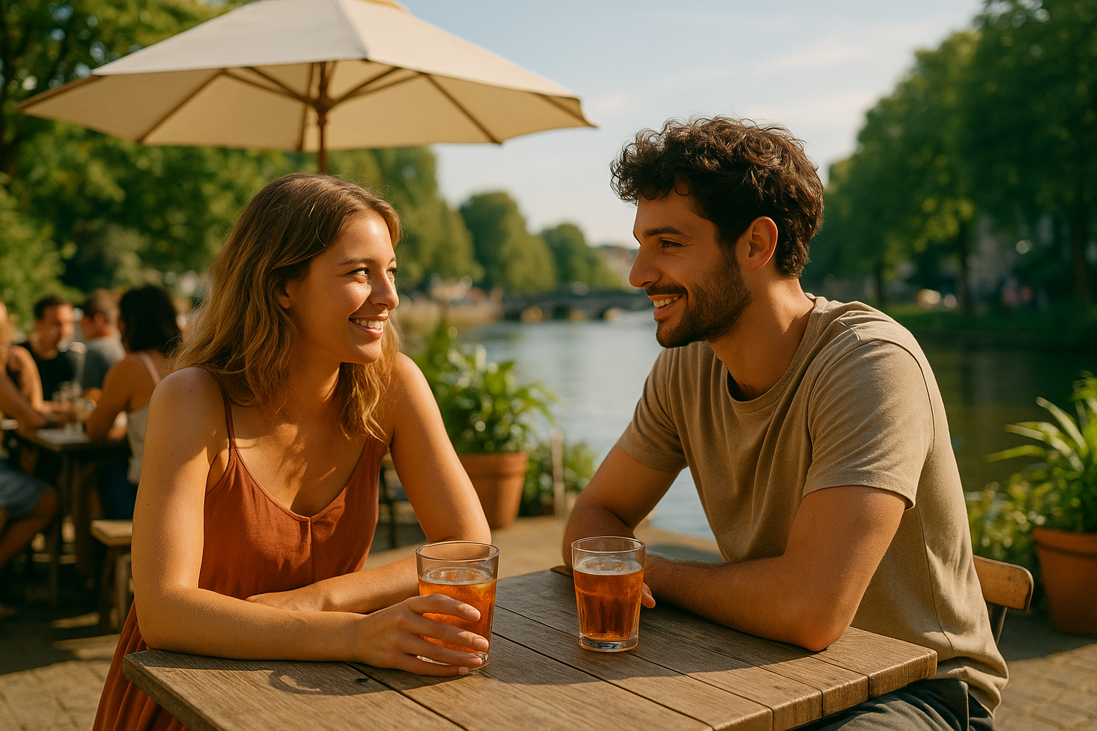 Een jong stel geniet van een zomerse date op een terras aan het water, zittend aan een houten tafel met drankjes in de hand. De zon schijnt, er is groen om hen heen en op de achtergrond is een stenen brug zichtbaar.