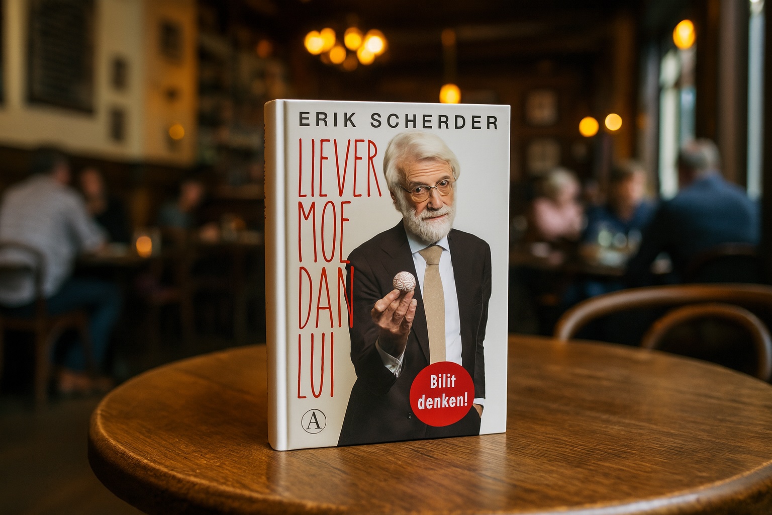 Een boek met de titel "Liever Moe Dan Lui" van Erik Scherder staat rechtop op een ronde houten tafel in een sfeervol Nederlands grand café. Op de achtergrond zitten mensen ontspannen te praten in een warme, gezellige omgeving met zachte verlichting.