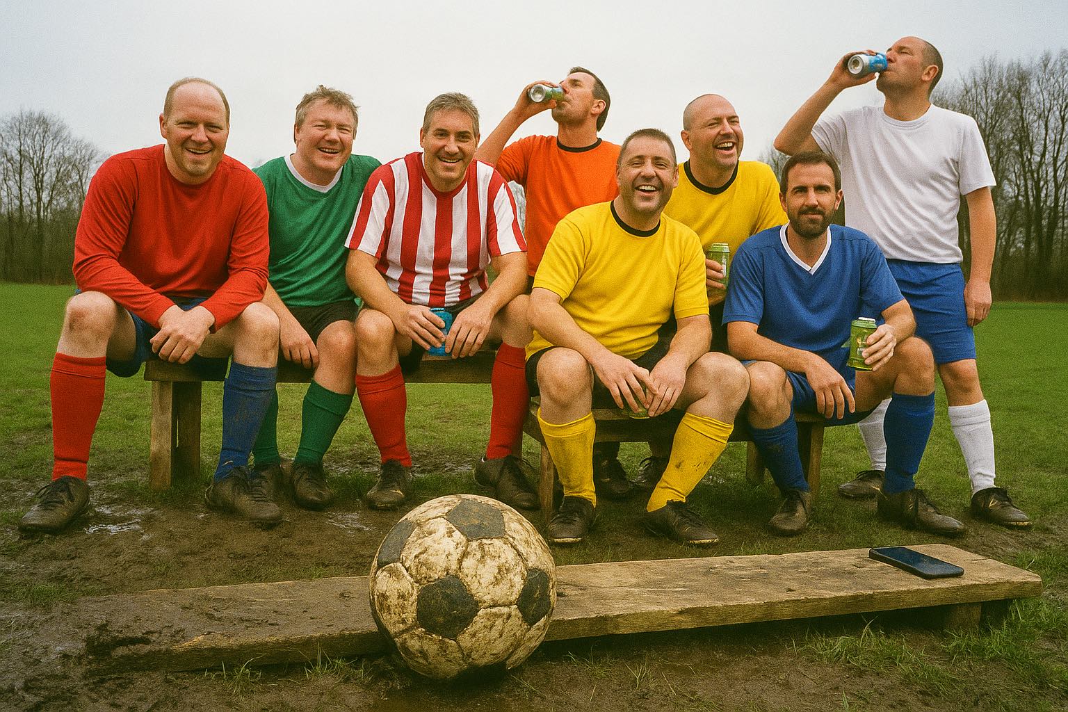 een hyperrealistische liggende headerfoto van een amateur voetbalteam op een drassig grasveld, bestaande uit mannen van middelbare leeftijd in verschillende tenues. Sommigen lachen, anderen drinken bier of energy drinks langs de lijn.