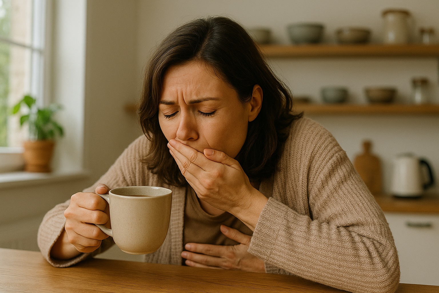 Een vrouw zit aan een houten keukentafel met een kop koffie in haar hand, terwijl ze met een pijnlijke blik haar hand voor haar mond houdt alsof ze moet overgeven. Ze draagt een beige vest en zit in een huiselijke, lichte keuken.
