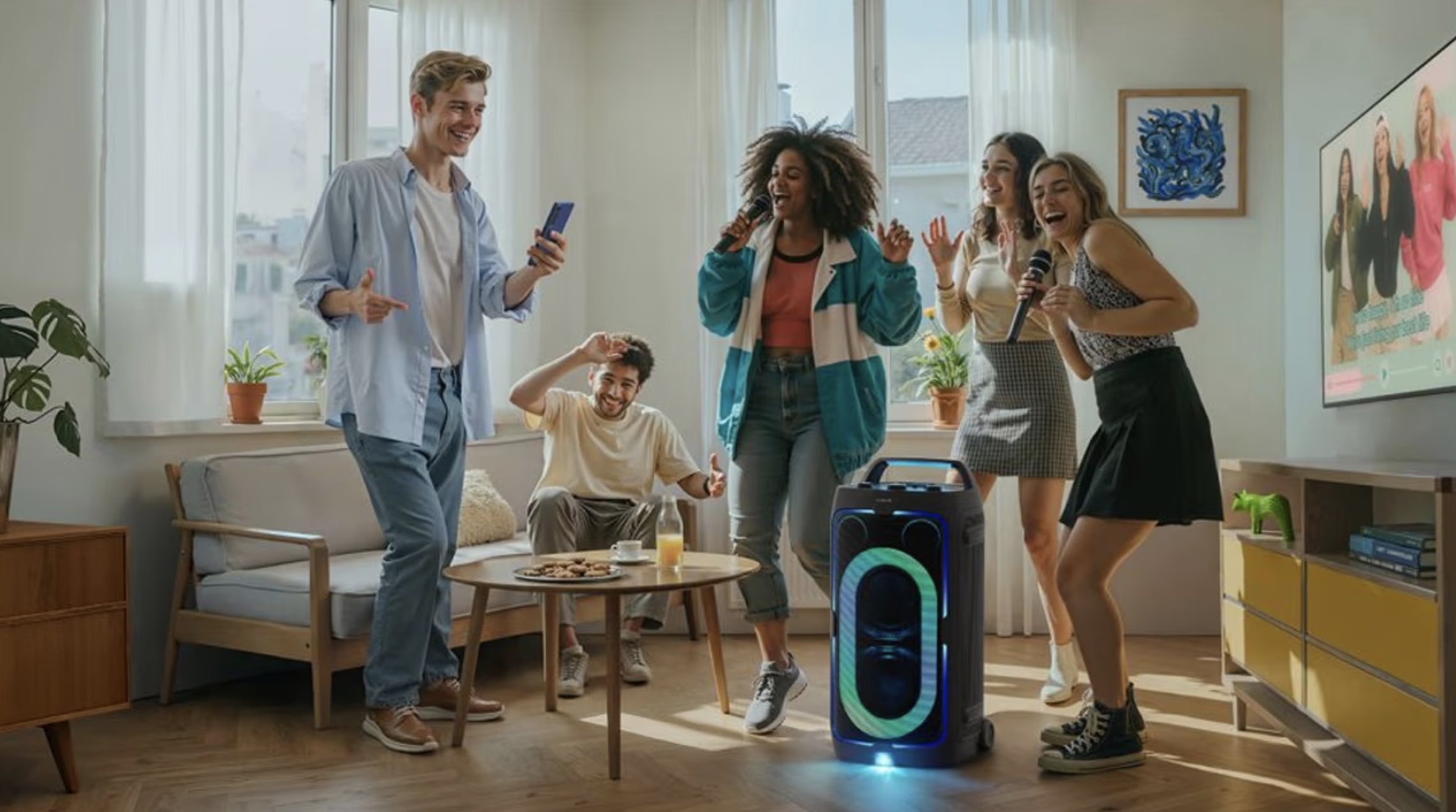 Dansende mensen rondom ene Samsung speaker