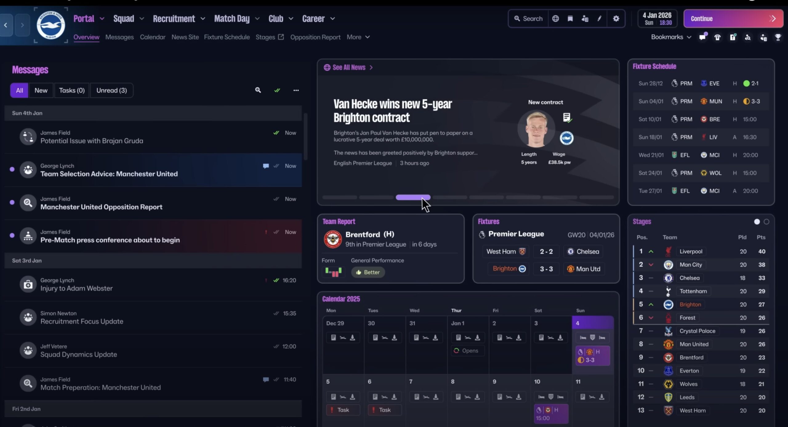 De interface van Football Manager 26. Het toont Jean Paul van Hecke.