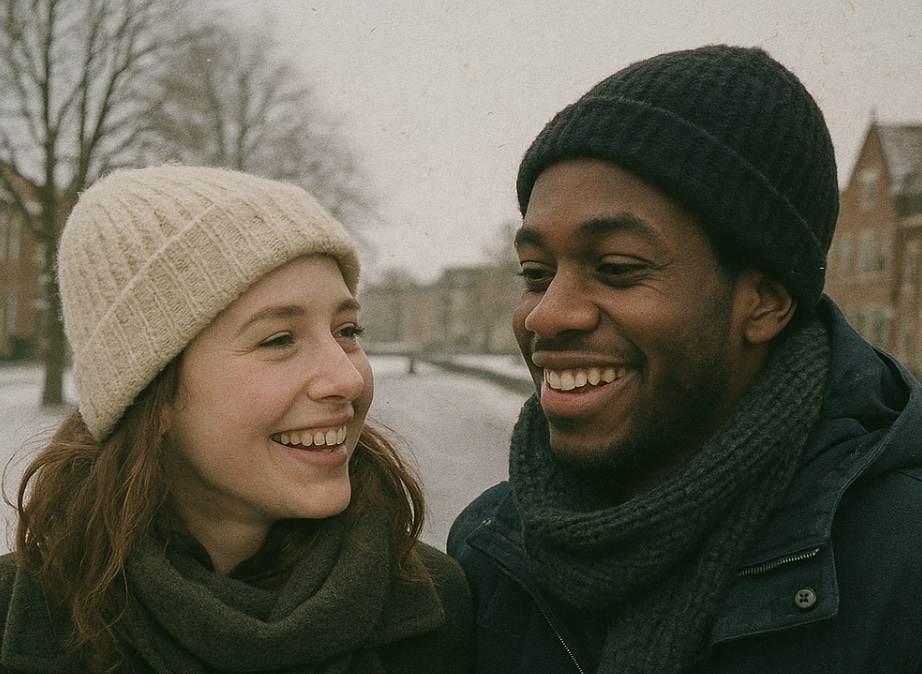 Een jonge man en vrouw lachen samen tijdens een winterse date in Nederland. Ze dragen warme jassen, sjaals en mutsen, en staan dicht bij elkaar in een besneeuwd park met kale bomen en traditionele Nederlandse huizen op de achtergrond. De foto heeft een korrelige, nostalgische uitstraling door het gebruik van een oude compactcamera.