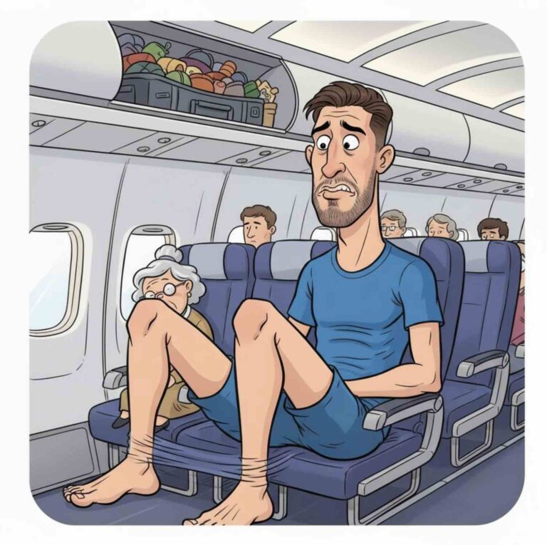 Een animatietekening van een man met weinig beenruimte in in een vliegtuig.
