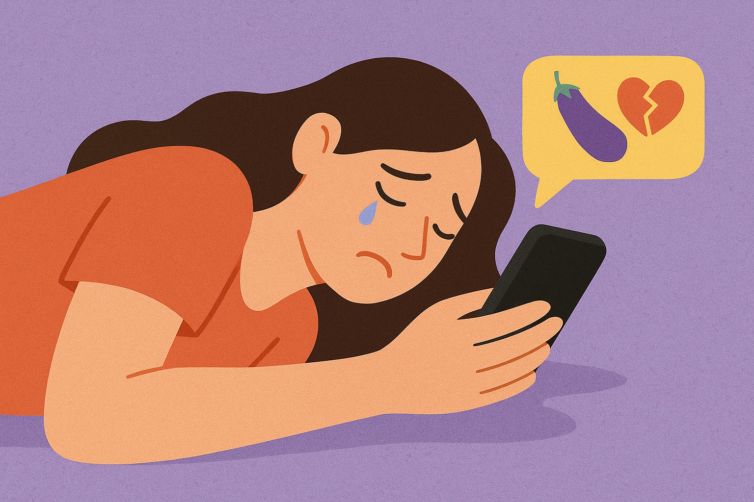 Een jonge vrouw ligt op haar zij en huilt terwijl ze naar haar telefoon kijkt. In een tekstballon boven de telefoon staat een aubergine-emoji naast een gebroken hartje, wat duidt op een verkeerd geïnterpreteerd bericht. De illustratie heeft een zachte, cartoonachtige stijl met paarse en oranje tinten.