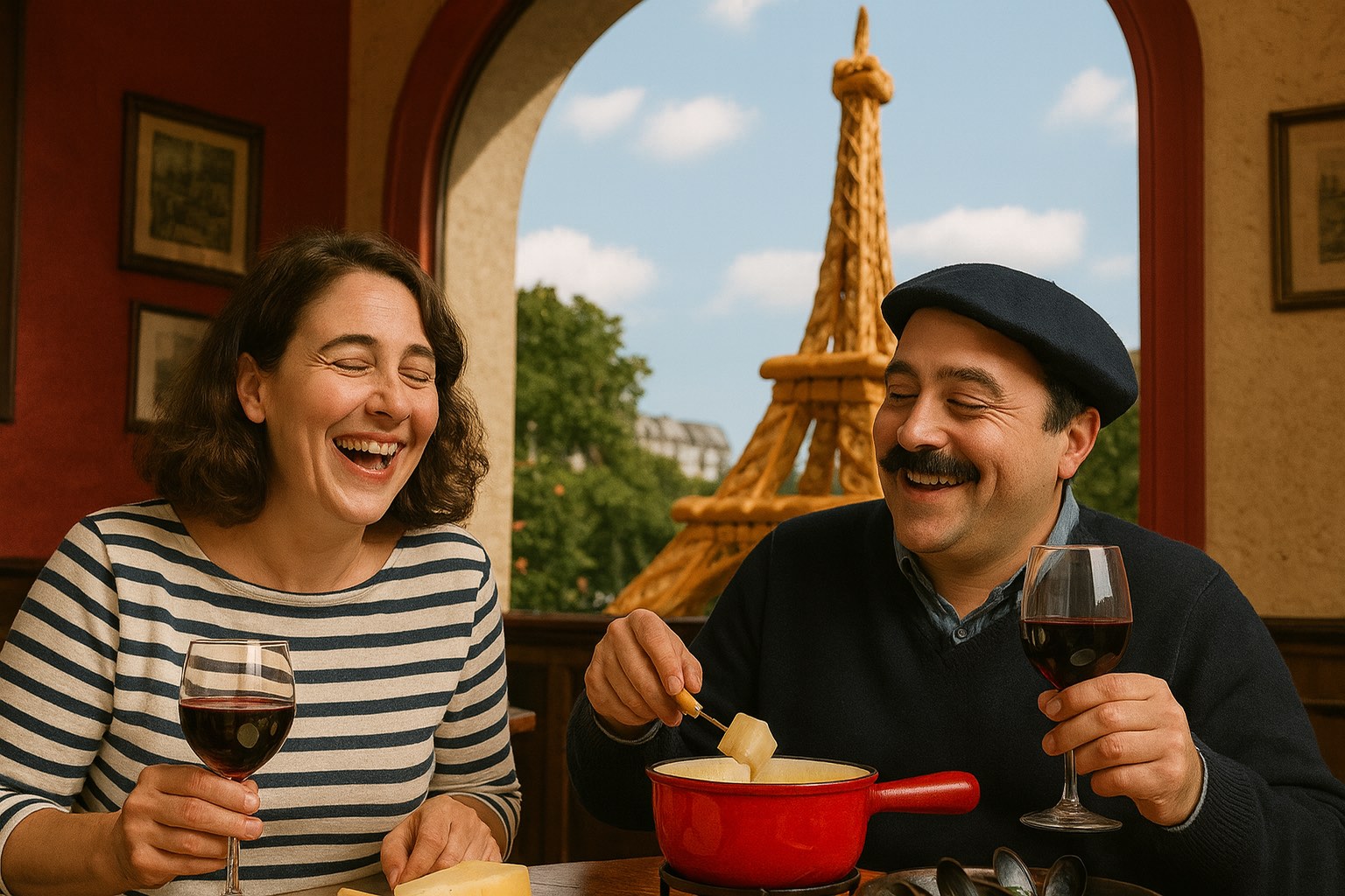 Een vrolijk Frans stel zit aan een houten tafel in een bistro, lachend terwijl ze rode wijn drinken en genieten van kaas, mosselen en fondue. Op de achtergrond is een Eiffeltoren van stokbrood zichtbaar door een grote boogvormige raamopening, met een blauwe lucht en bomen buiten.