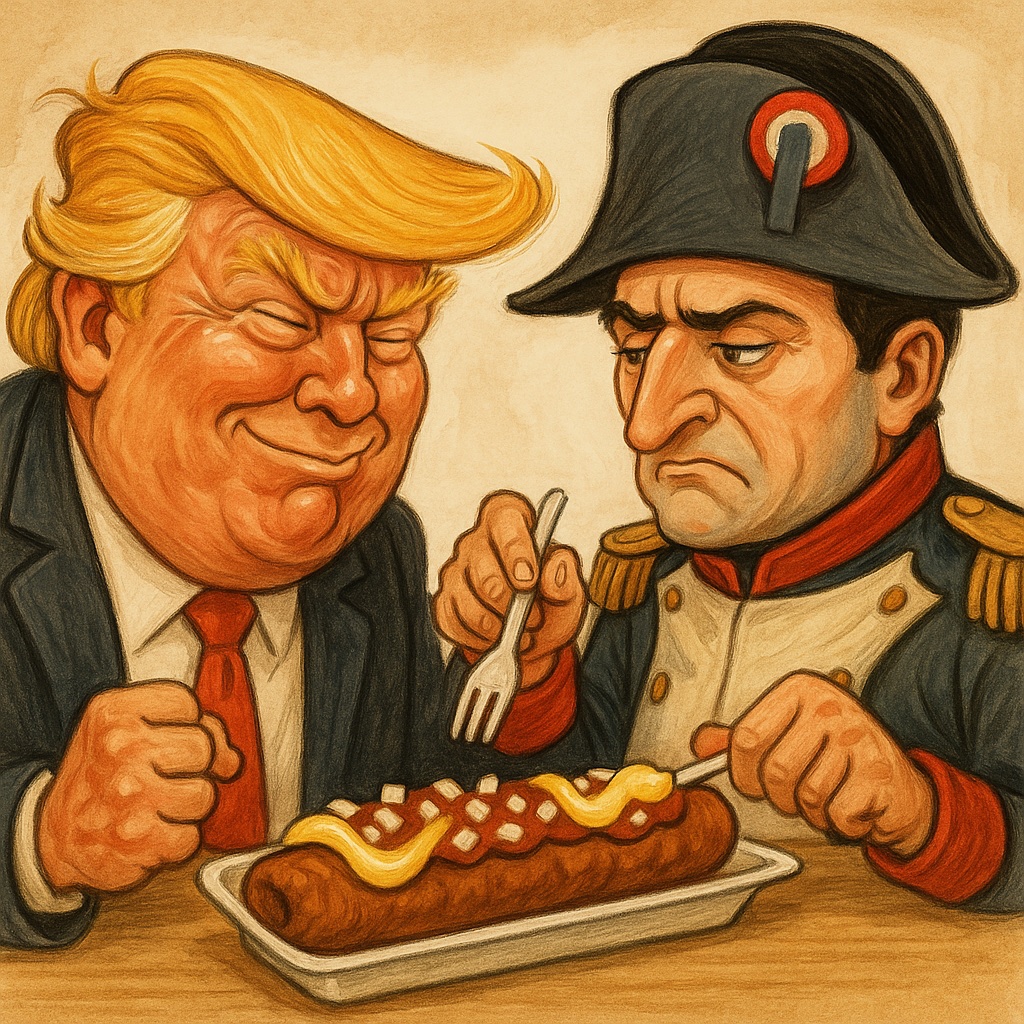Trump en Napoleon eten een frikandel speciaal.
