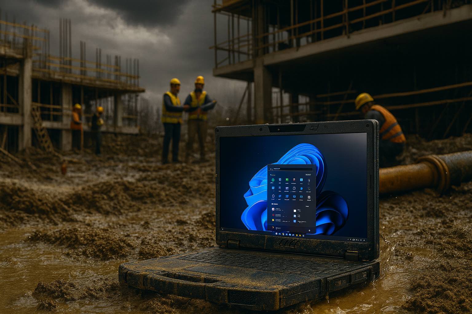Een robuuste Getac-laptop staat geopend midden in een modderige, natte bouwplaats. De laptop is bedekt met zand en spatten water, terwijl op de achtergrond bouwvakkers in veiligheidskleding werken aan een ruw betonnen gebouw. De lucht is donker en dreigend, wat de zware omstandigheden benadrukt waarin de laptop toch blijft functioneren.