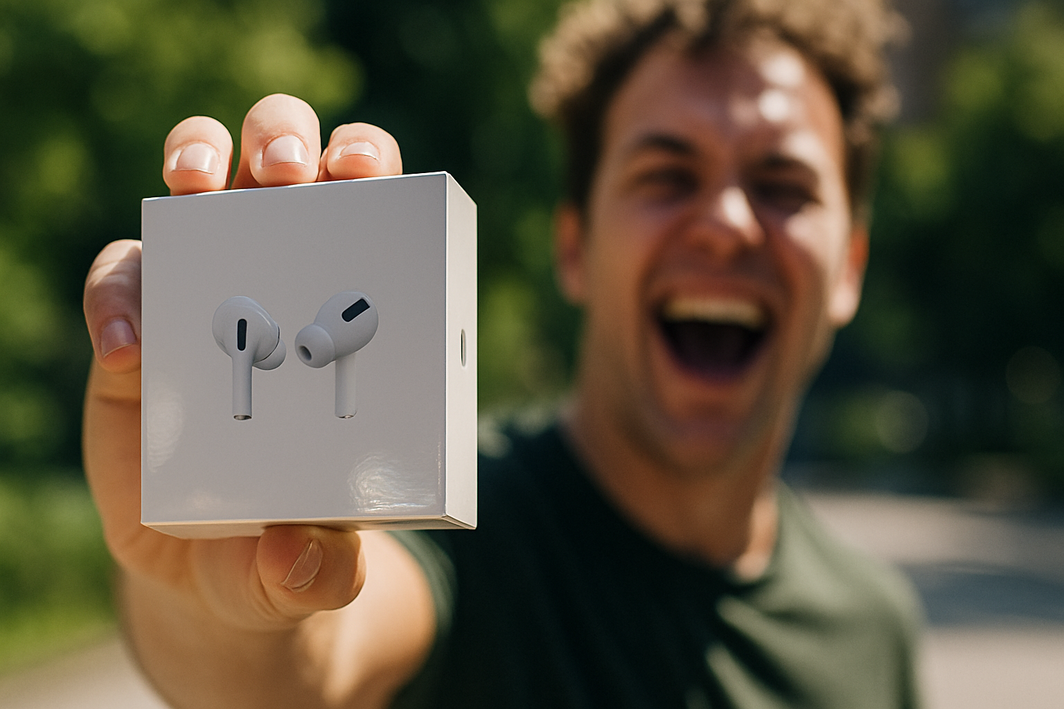 Een man met en doosje met Airpods Pro
