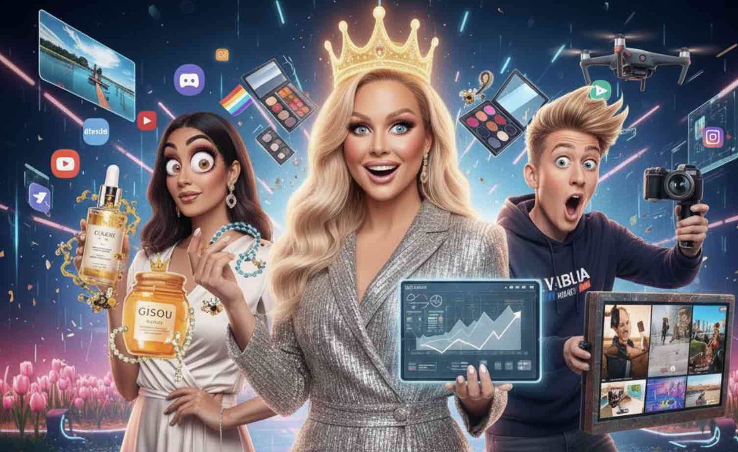 Een cartoon met een zwik influencers