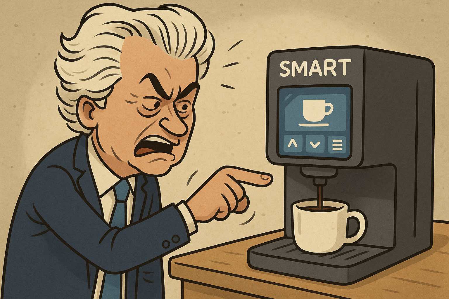 Een tekening van Geert Wilders bij een slim koffiezetapparaat