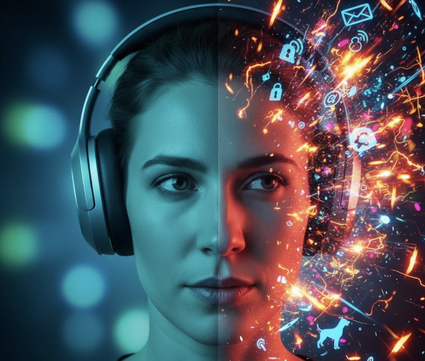 Creatieve foto van vrouw met koptelefoon op