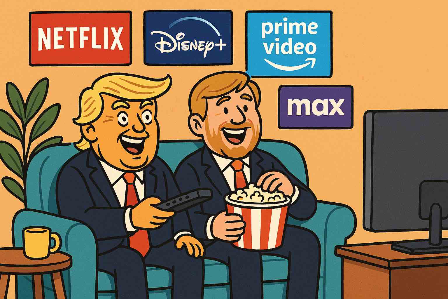 Cartoon van Donald Trump en koning Willem-Alexander die samen lachend op een bank zitten in een woonkamer, kijkend naar een tv. Boven hen hangen logo’s van streamingdiensten zoals Netflix, Disney+, Prime Video en Max. Trump houdt een afstandsbediening vast, Willem-Alexander eet popcorn.