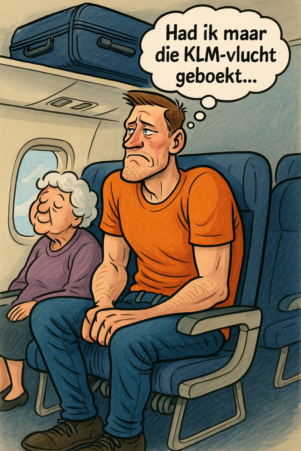 Weghorst in een vliegtuig. Het is een tekening en hij heeft grote knieen. 