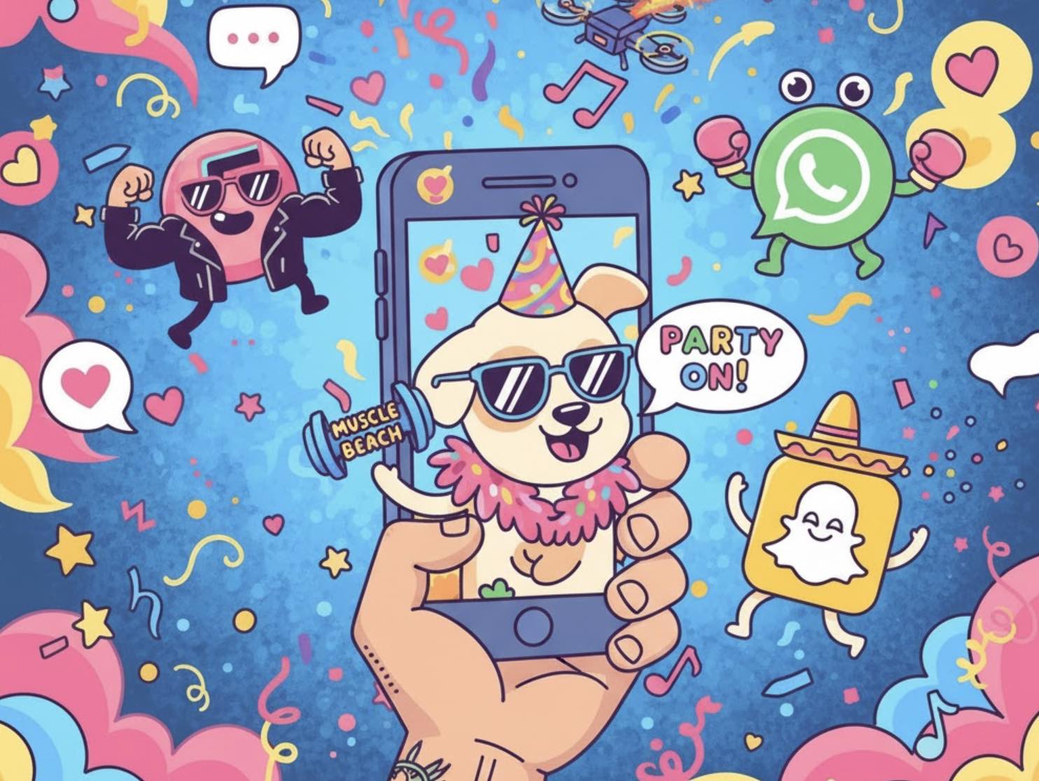 Een leuke en kleurrijke afbeelding, vrolijk en met humor met daarin een smartphone en de logo's van Tiktok, WhatsApp en Snapchat
