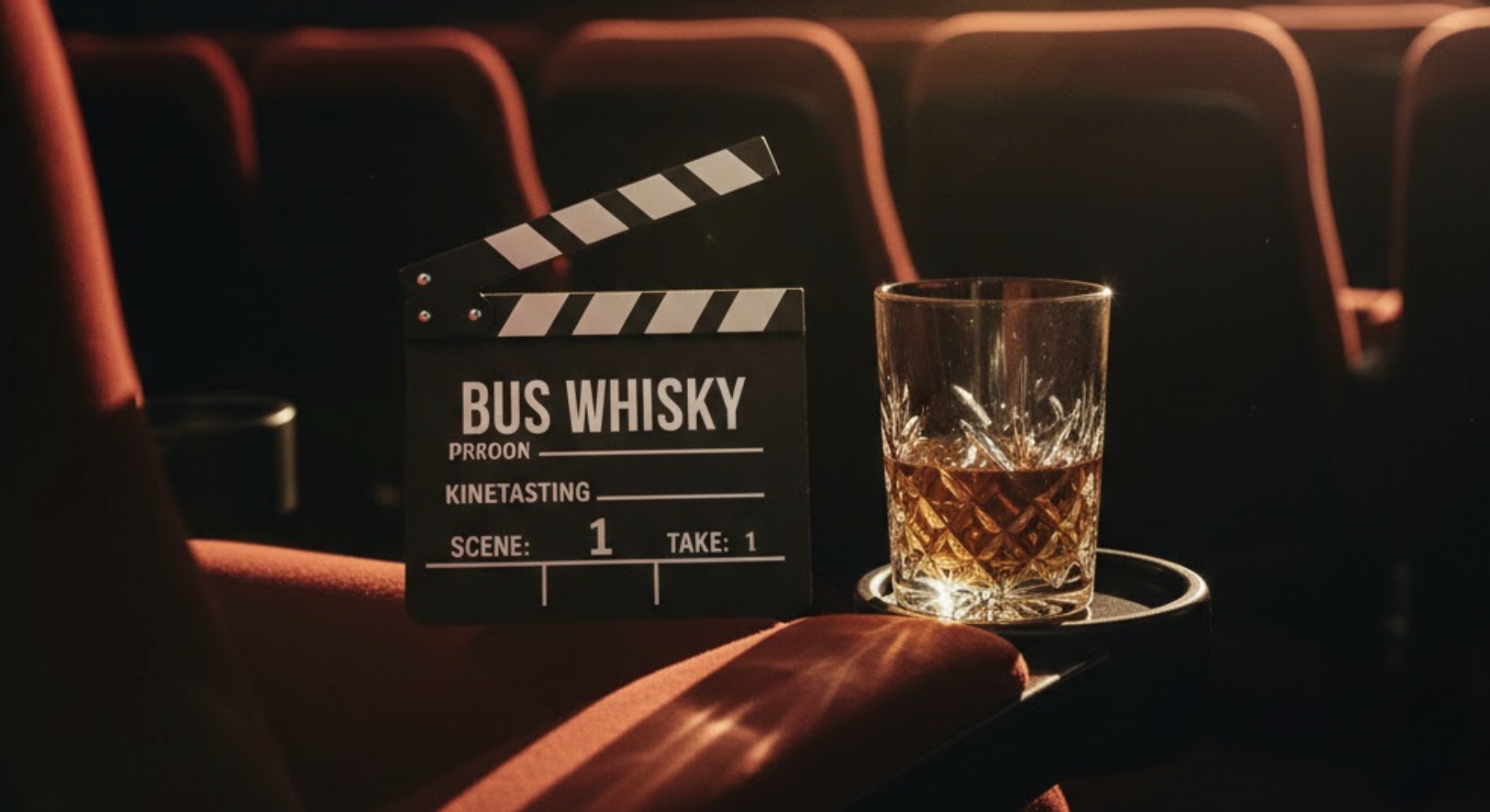 Een 'cinematische' foto van een bioscoopstoel in een donkere zaal, met op de uitklapbare armleuning een miniatuurversie van een filmklapper met de tekst 'BUS WHISKY' erop, en daarnaast een elegant glas met amberkleurige whisky. De belichting is warm, alsof het licht van een scherm de scène verlicht.