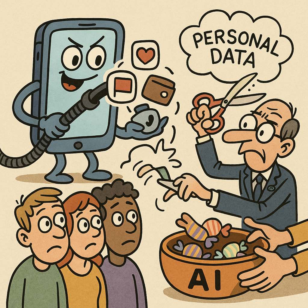 Cartooneske illustratie van een lachend smartphonefiguur dat met een stofzuigerslang persoonlijke gegevens zoals een hartje, een portemonnee en een profielpictogram uit mensen zuigt. Ernaast knipt een EU-ambtenaar met een grote schaar een wolk met de tekst ‘personal data’ door, terwijl een schaal met snoepjes waar ‘AI’ op staat wordt leeggegrabbeld. Drie bezorgde mensen kijken toe.