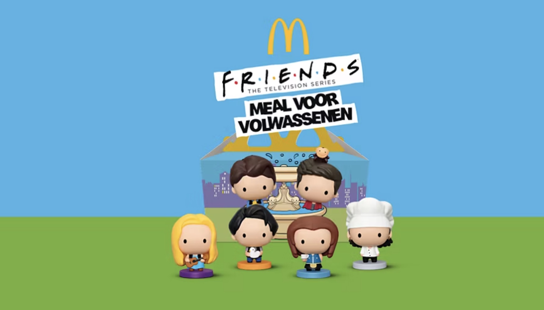 Een beeld met alle poppetjes van de McDonalds van Friends