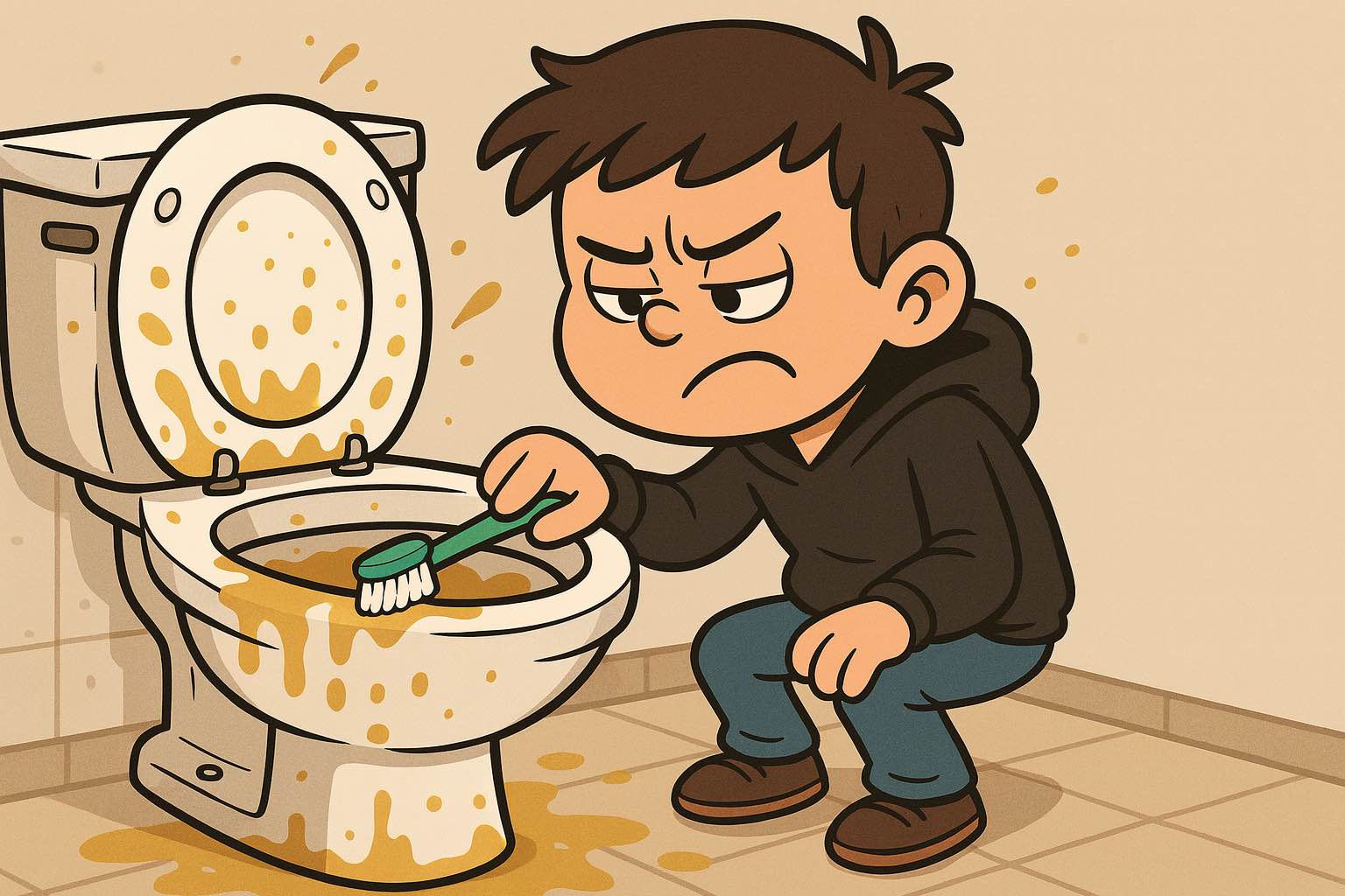 Een jongen in een zwarte hoodie is een wc aan het schoonmaken.