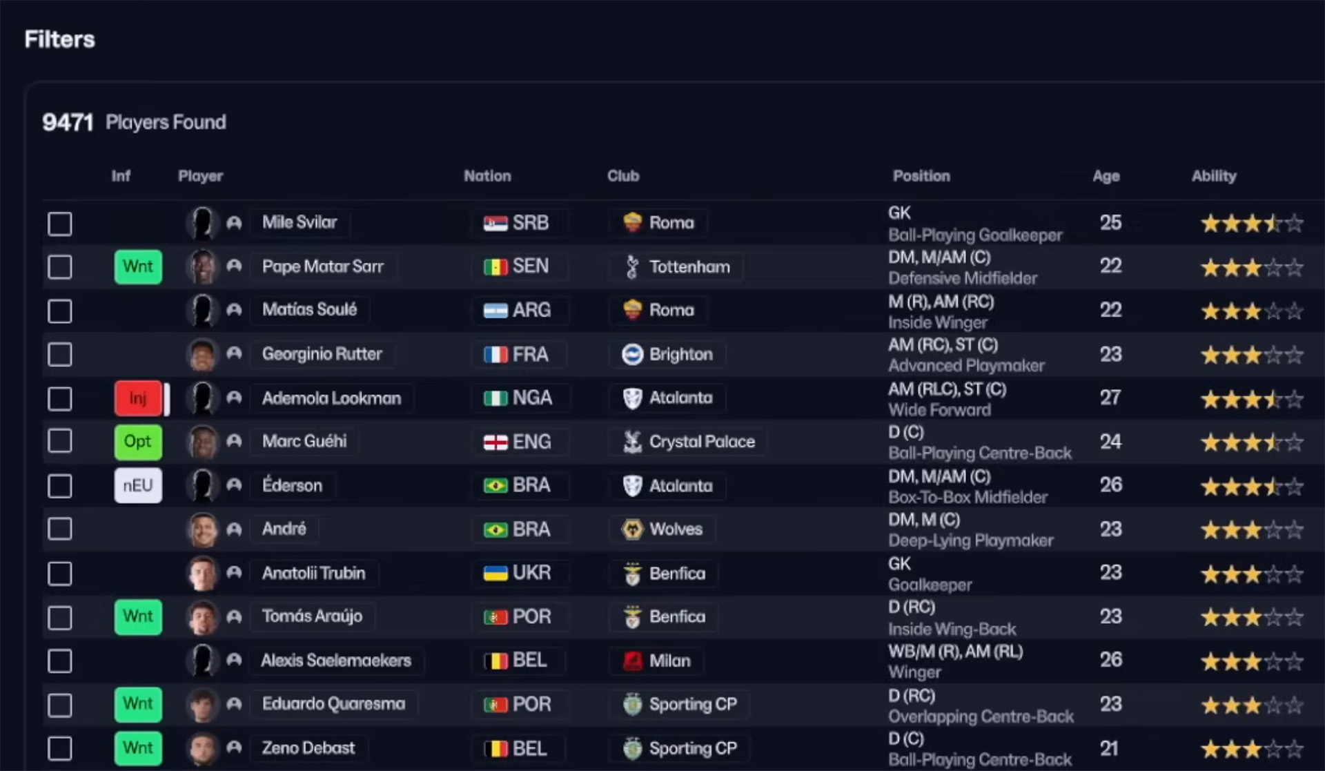 Een screen van de transfermarkt in Football Manager 2026.