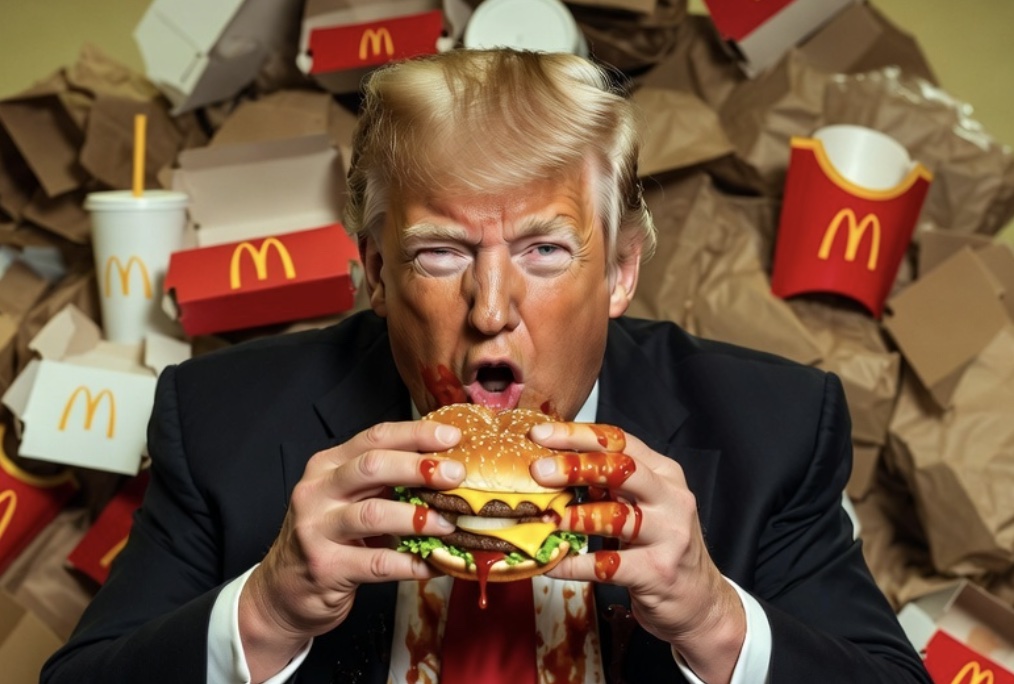 Photorealistic image of Donald Trump eating a Big Mac in a tiny children's chair, with ketchup stains on his suit and tie, surrounded by a pile of empty McDonald's wrappers.